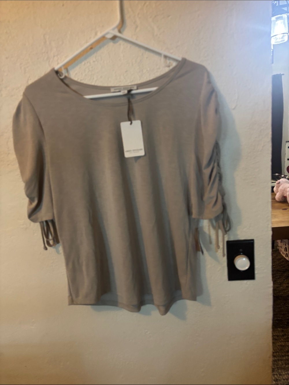 Green envelope, Los Angeles Taupe Short Sleeve Ruched Tie details on sleeve